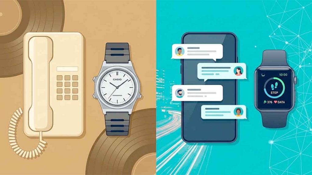 Infografis perbandingan gaya hidup urban dengan split-screen layout menampilkan telepon rumah krem dan jam tangan Casio analog di sisi kiri, berdampingan dengan smartphone chat dan smartwatch hitam di sisi kanan