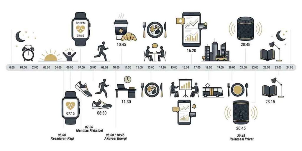 Infografis flat design berlatar putih dengan lini masa waktu 24 jam yang dihiasi ikon jam tangan pintar, sepatu olahraga, cangkir kopi, smartphone, dan speaker audio premium.