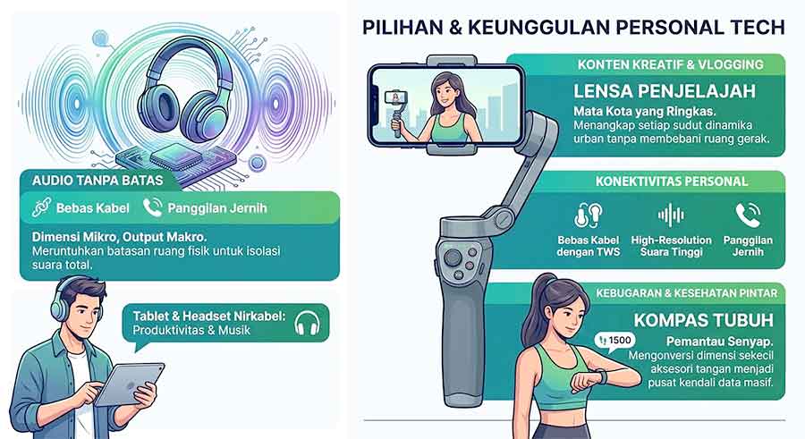 Infografis Pilihan dan Keunggulan Personal Tech yang memuat empat pilar teknologi modern: Audio Tanpa Batas, Lensa Penjelajah, Konektivitas Personal, dan Kompas Tubuh dengan desain flat vector hijau